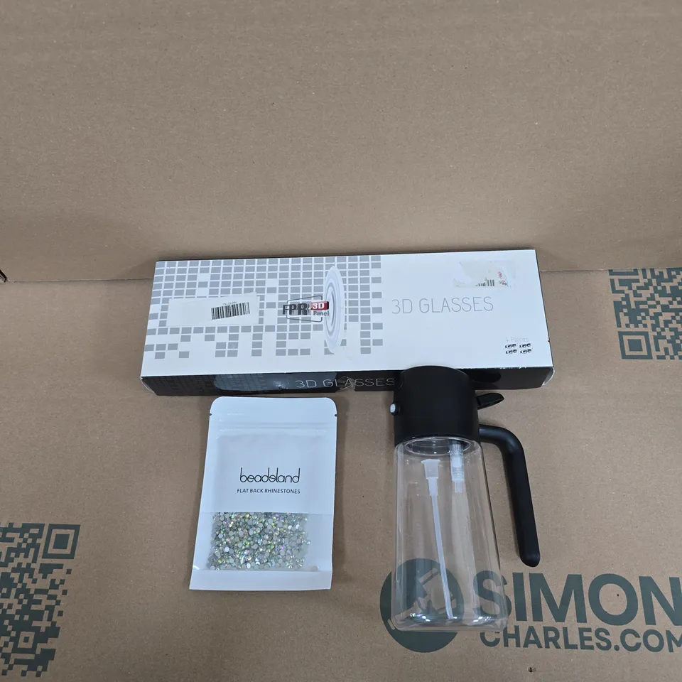 APPROXIMATELY 15 ASSORTED HOUSEHOLD PRODUCTS TO INCLUDE OIL DISPENSER, 3D GLASSES, RHINESTONES ETC 