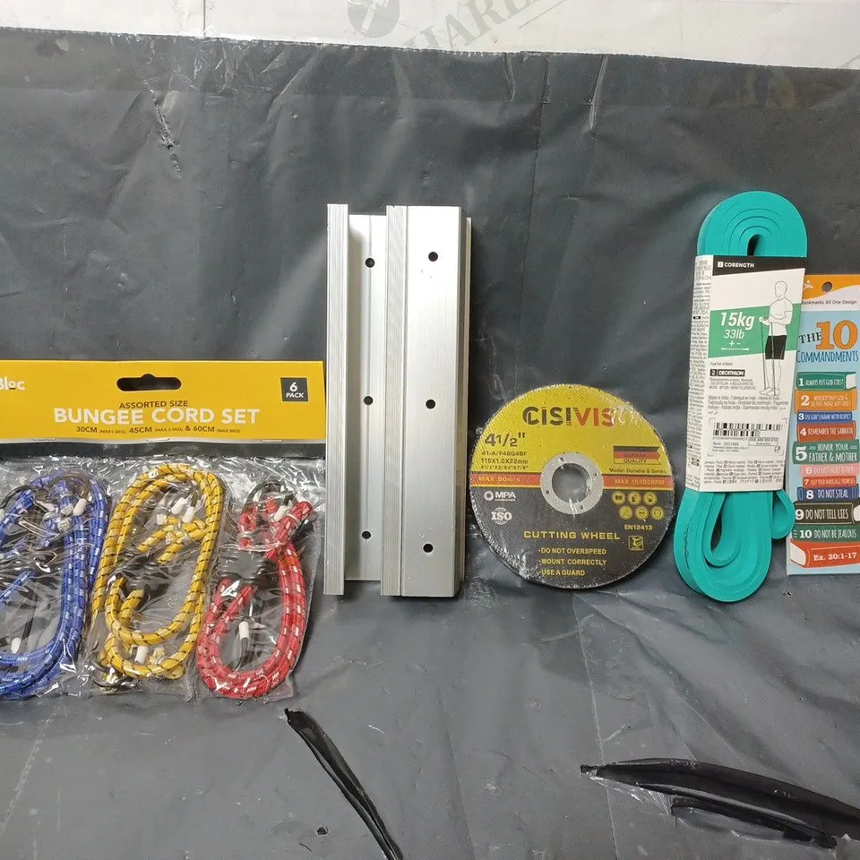 BOX OF APPROXIMATELY 15 ASSORTED ITEMS TO INCLUDE - COREGNTH RESISTANCE BAND , CISIVIS CUTTING WHEEL , BUNGEE CORD SET ETC