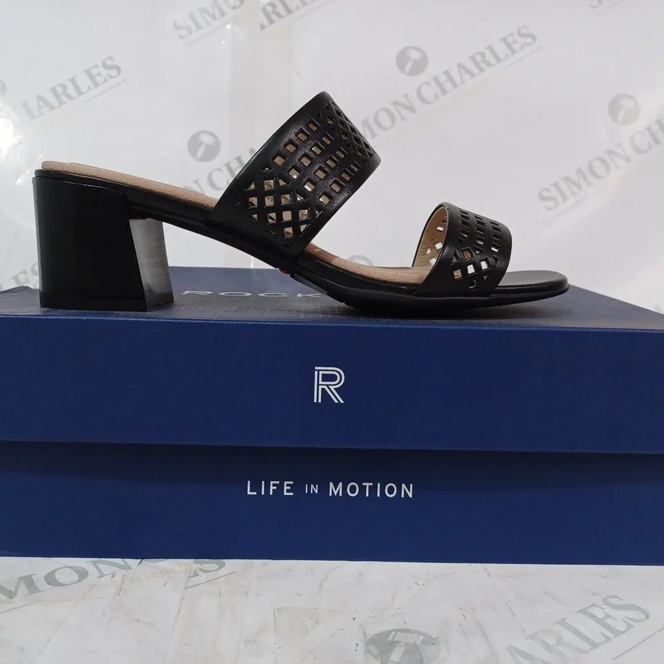 BOXED PAIR OF ROCKPORT TOTAL MOTION ALAINA MULE HEELED SANDALS IN BLACK UK SIZE 5