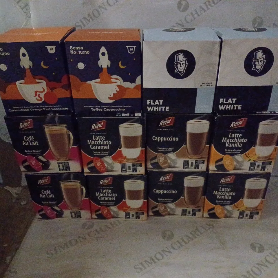 GROUP OF 12 ASSORTED COFFEE POD BOXES FOR DOLCE GUSTO MACHINES TO INCLUDE KAFFEKAPSLEN, SENSO NOCTURNO AND RENE
