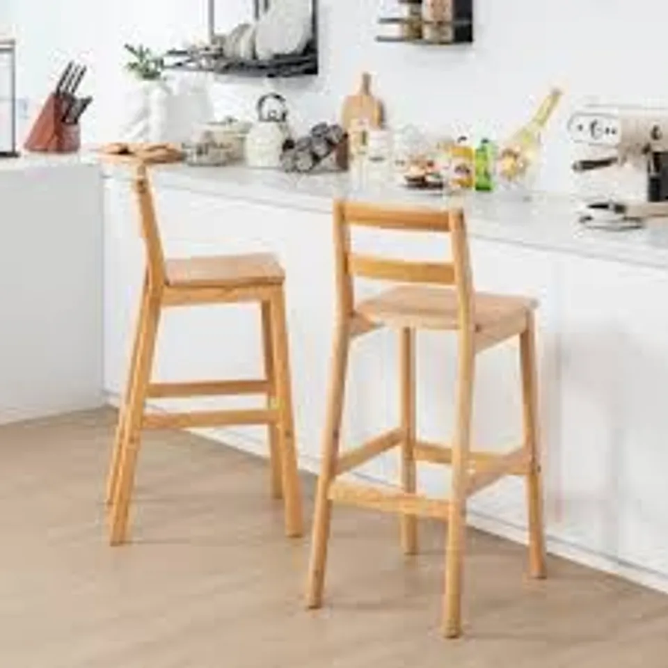 BOXED SET OF 2 RUBBER WOOD BAR STOOLS WITH BACKREST AND FOOTRESTS