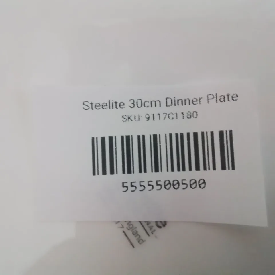 BOX OF STEELITE WHITE CROCKERY INCLUDING, 10 × 28.5cm DINNER PLATES, 4 × 30cm DINNER PLATES, 6 × 15cm SAUCERS & RECTANGULAR PLATTER