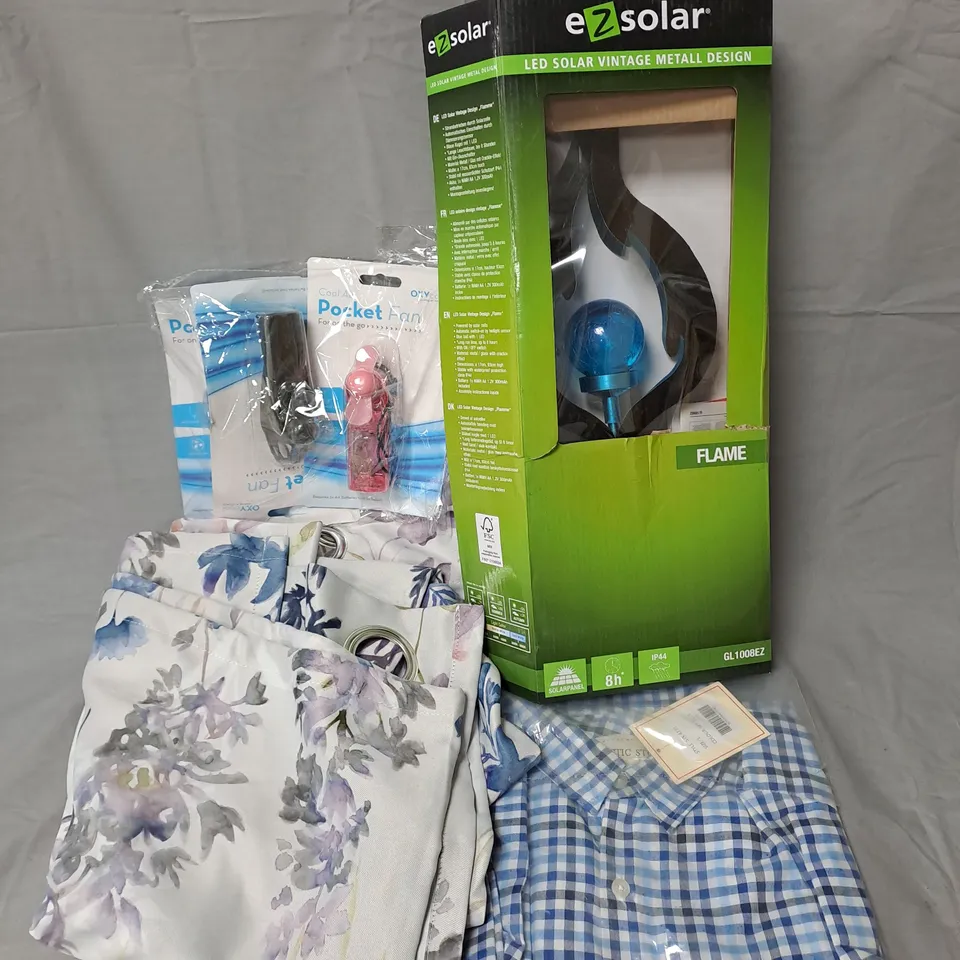 BOX OF APPROXIMATELY 15 ASSORTED HOUSEHOLD ITEMS TO INCLUDE  - SOLAR GARDEN DÉCOR - CLOTHING AND CURTAINS COLLECTION ONLY