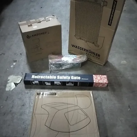 PALLET CONTAINING ASSORTED ITEMS TO INCLUDE: RADIATOR, JUICER, SAFETY GATE, SKATE BOARD AND CONVERTIBLE SOFT TOP ETC....
