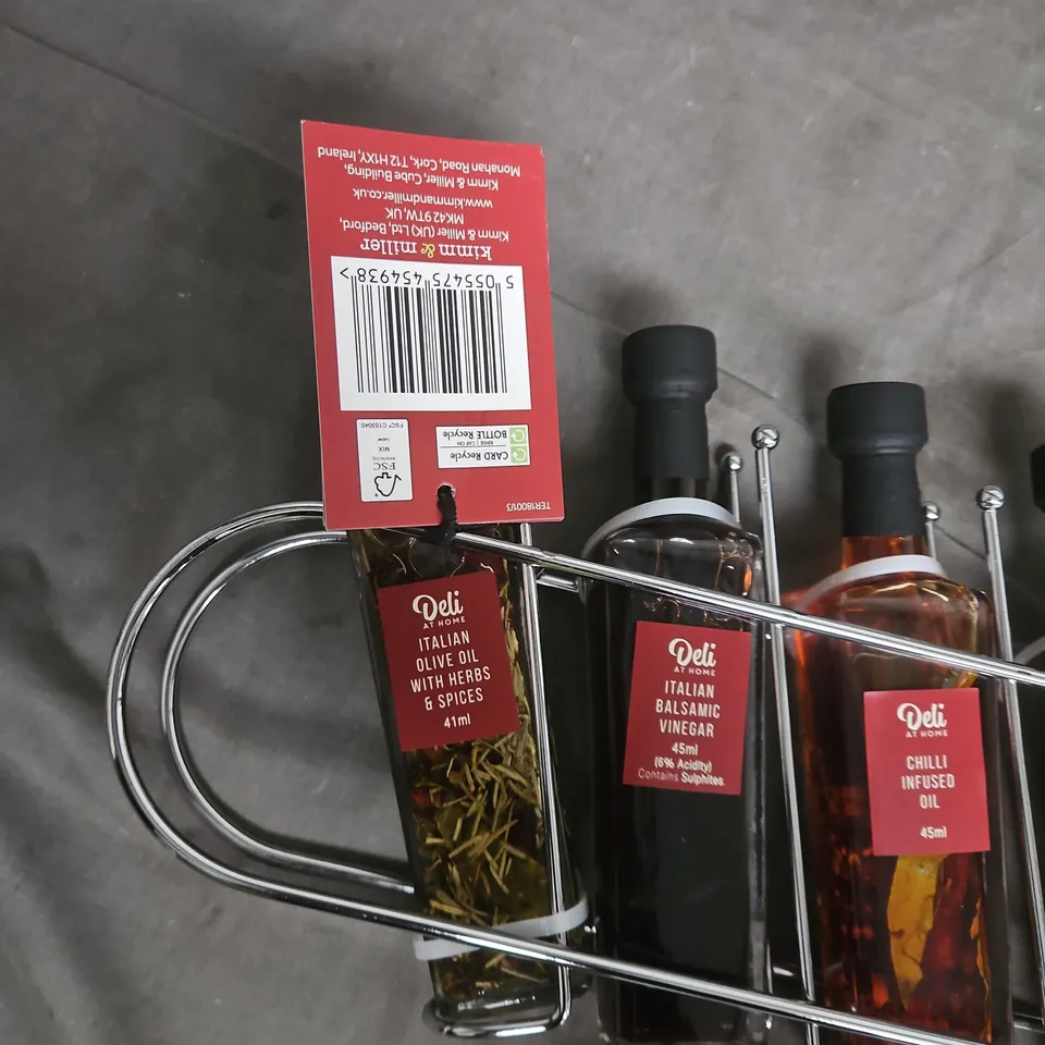 Deli at Home Tasting Selection – Olive Oil & Infused Oils, 4 bottles in metal rack (41–45ml each)