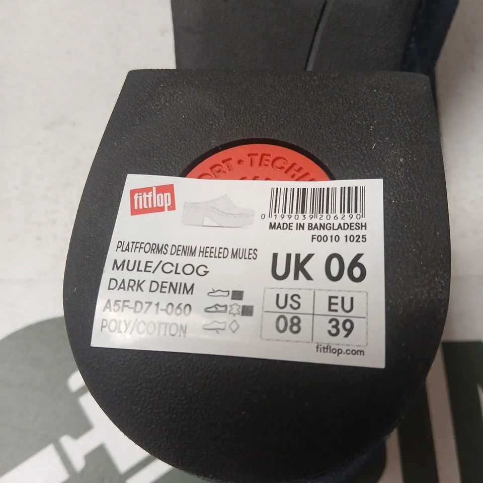 FITFLOP PLATFORM DENIM HEELED MULES – UK 6 (US 8, EU 39) – DARK DENIM