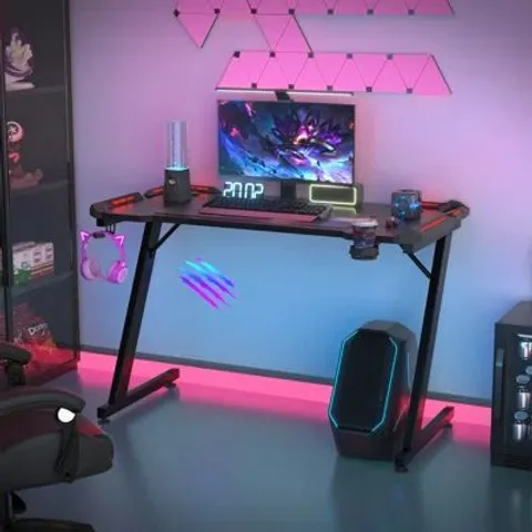 BOXED BLACK GAMING DESK LED LIGHT COMPUTER WITH HEADPHONE HOOK AND CUP HOLDER