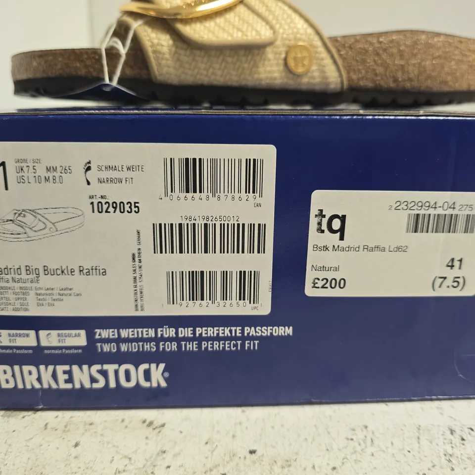 BOXED PAIR OF BIRKENSTOCK MADRID BIG BUCKLE SANDALS -RAFFIA NATURAL – WOMEN'S UK 7.5