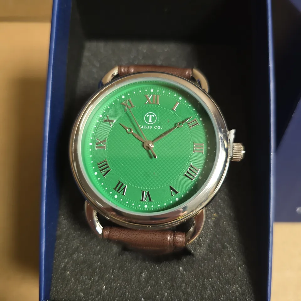TALIS CO WRISTWATCH WITH GREEN FACE & BROWN LEATHER STRAP