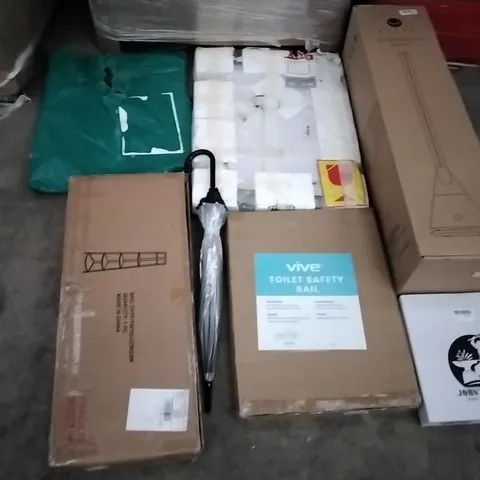 PALLET OF ASSORTED ITEMS INCLUDING VIVE TOILET SEAT RAIL, ULLTY SLIM TOWER BLADELESS FAN, JOHN'S STUDIO METAL TURNED DECORATION, 5 LAYER CORNER SHELF, PORTABLE LITE, HMTOT SALON STOOL