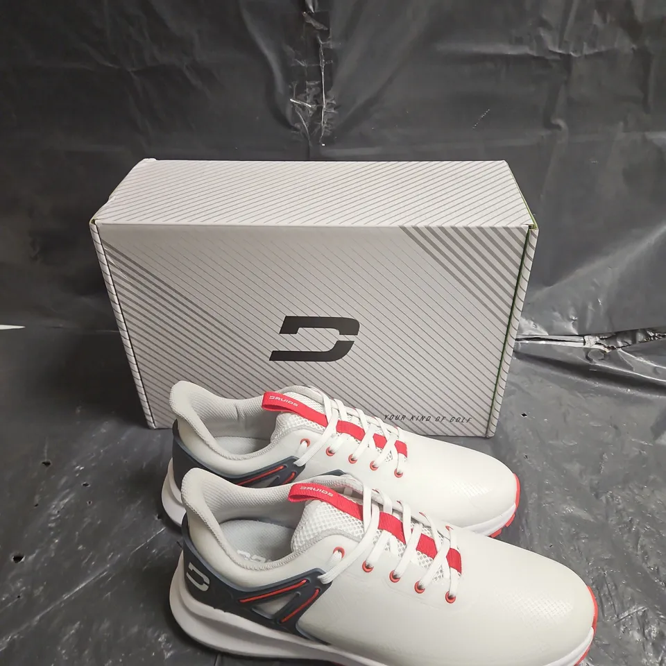 DRUIDS GOLF TRAINERS UK SIZE 10 ,WHITE TRAINERS WITH RED ACCENTS – BOXED