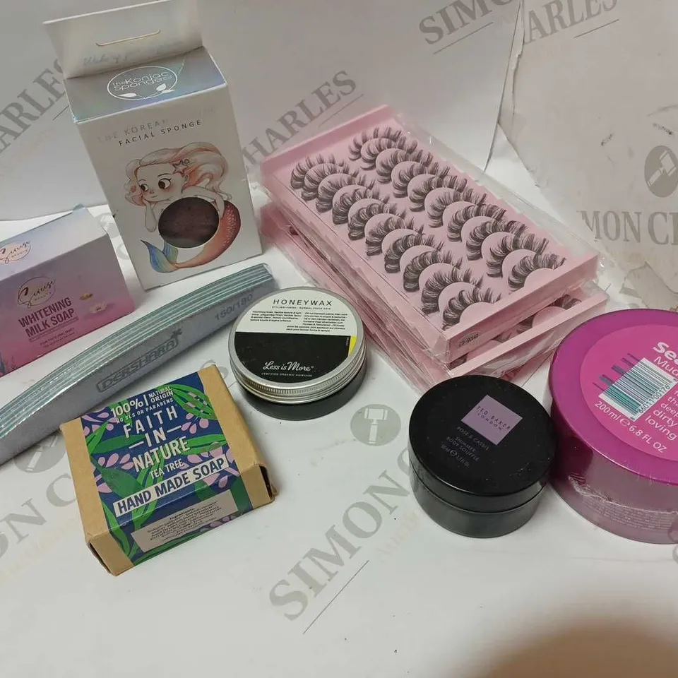 LOT OF 10 TO INCLUDE FALSE LASHES , FACIAL SPONGE , MUD MASK AND SOAP