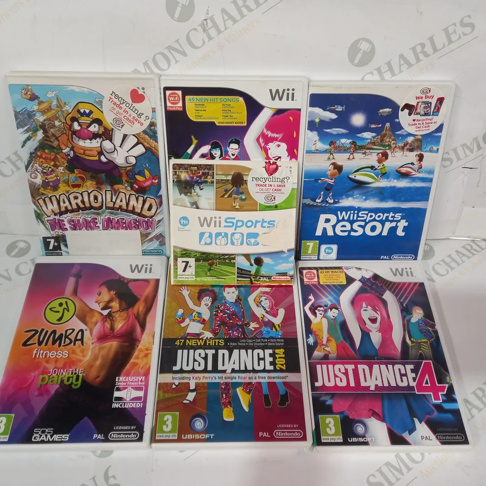 NINTENDO WII GAMES CONSOLE W. ASSORTMENT OF GAMES TO INCLUDE WARIO LAND THE SHAKE DIMENSION, JUST DANCE 3, ETC