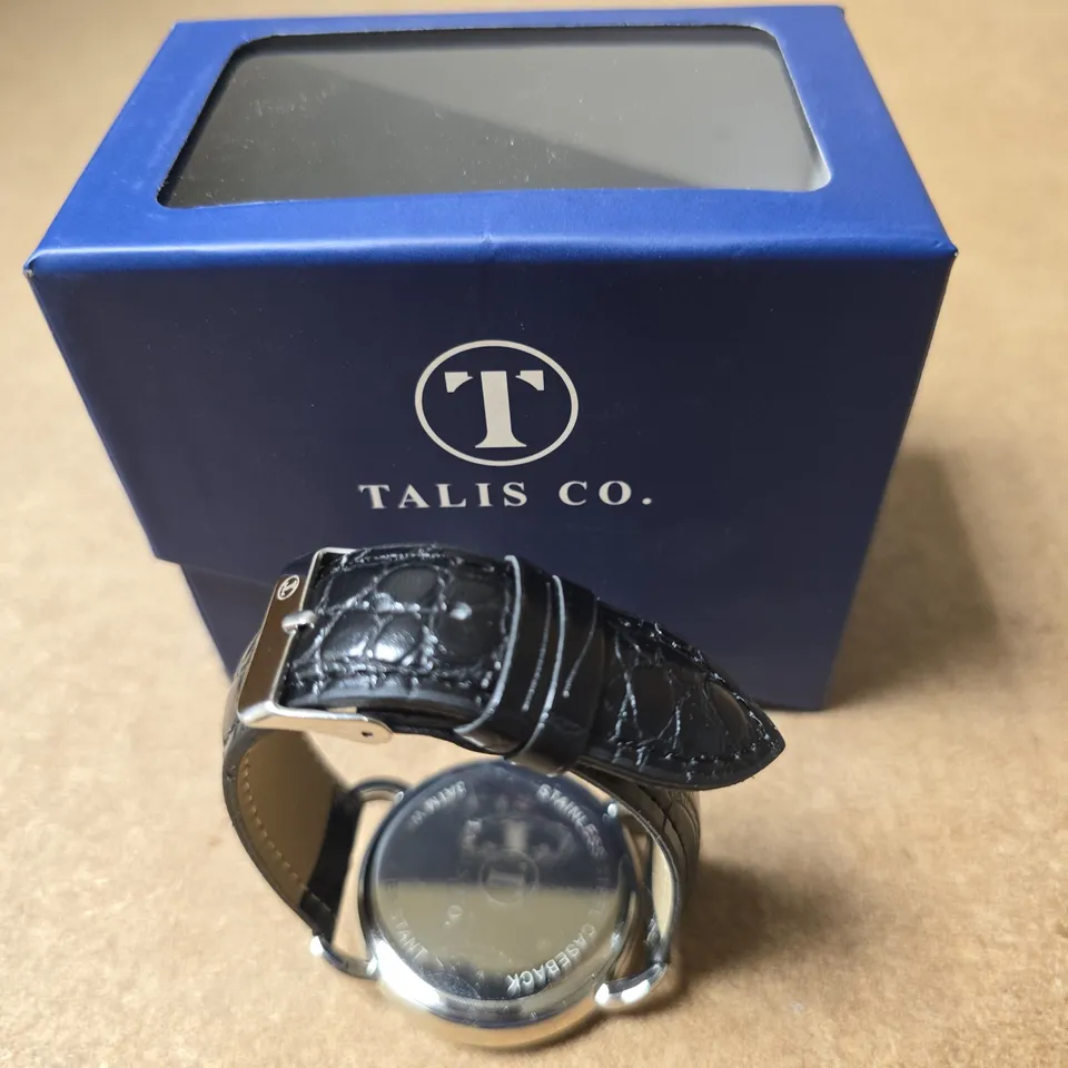 TALIS CO. WRISTWATCH – ROMAN NUMERAL DIAL, BLACK CROC-EMBOSSED LEATHER STRAP