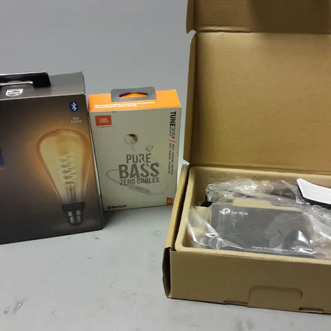 APPROXIMATELY 50 ASSORTED ELECTRICAL ITEMS TO INCLUDE LIGHTBULBS, JBL TUNE205BT EARPHONES, TP-LINK MEDIA CONVERTER, ETC