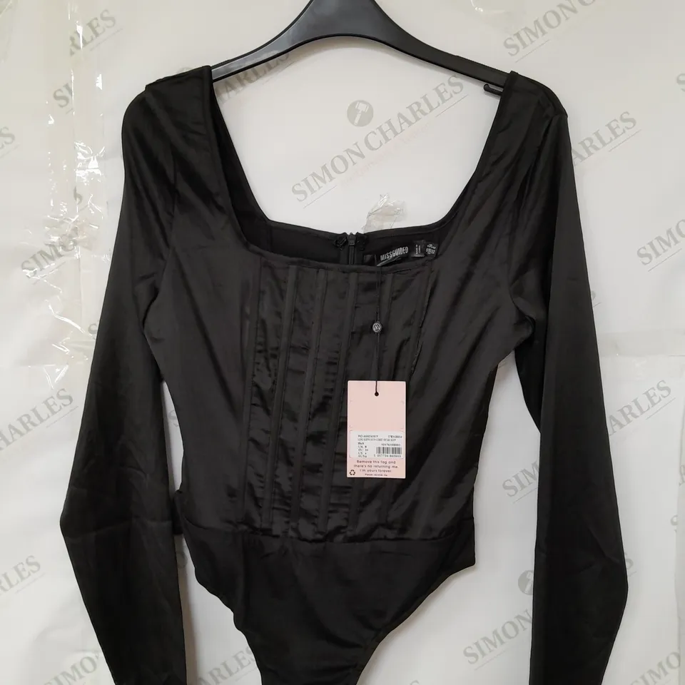 MISSGUIDED LONG SLEEVE SATIN CORSET DETAIL BODYSUIT IN BLACK SIZE 8