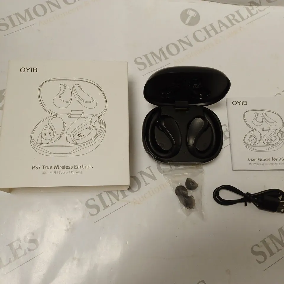 BOXED OYIB TRUE WIRELESS EARBUDS WITH CHARGING DOCK, ACCESSORIES, USB CABLE AND INSTRUCTIONS