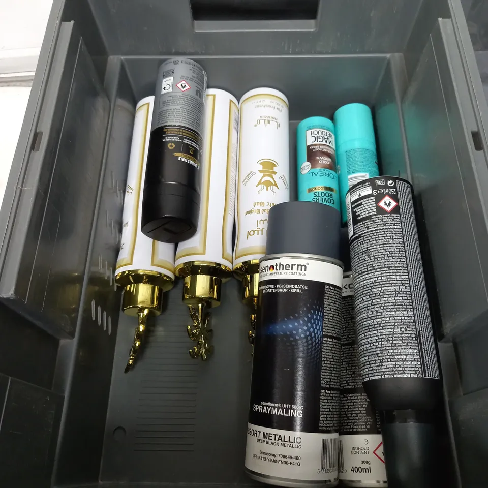 BOX OF APPROXIMATELY 10 ASSORTED AEROSOLS TO INCLUDE - SAM MCKNIGHT HAIR TEXTURE MIST - SURE ANTI-PERSPIRANT - SENOTHERM SPRAY DEEP BLACK METALLIC - ETC - COLLECTION ONLY