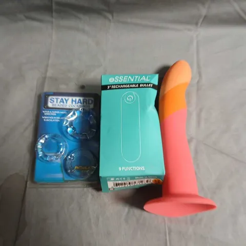 BOX OF APPROX 10 ASSORTED ADULT ACCESSORIES TO INCLUDE DILDO, COCK RINGS AND BULLETS 