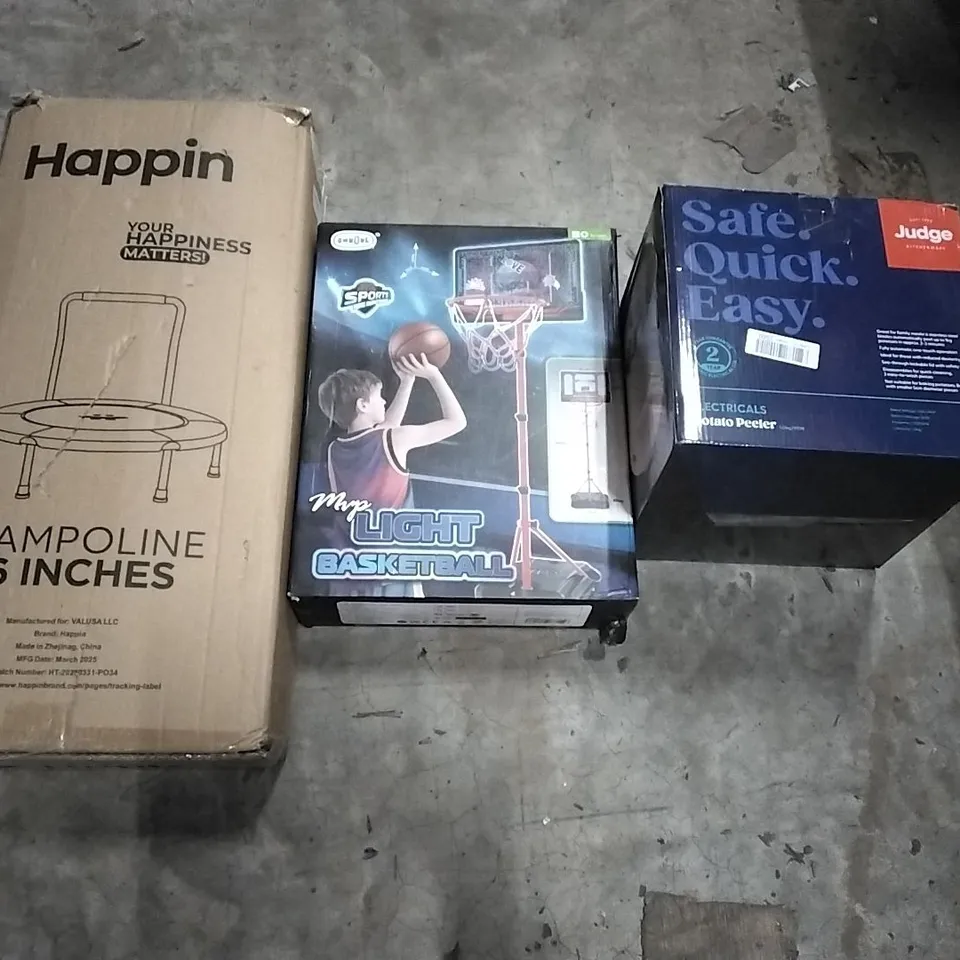 PALLET OF HOUSEHOLD ITEMS TO INCLUDE TRAMPOLINE, BASKETBALL HOOP SND STAND, POTATO PEELER AND OTHER ASSORTED ITEMS...