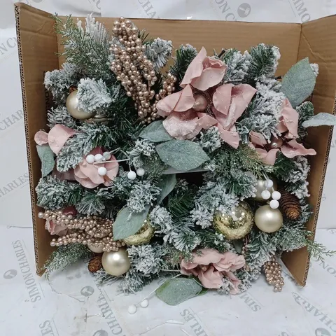 FROSTED ROSE PRE-LIT FESTIVE WREATH