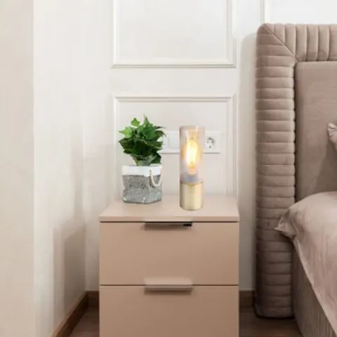 BOXED GLOBO ANNIKA 1 LIGHT TABLE LAMP WITH AMBER GLASS CYLINDER SHADE GOLD 30CM