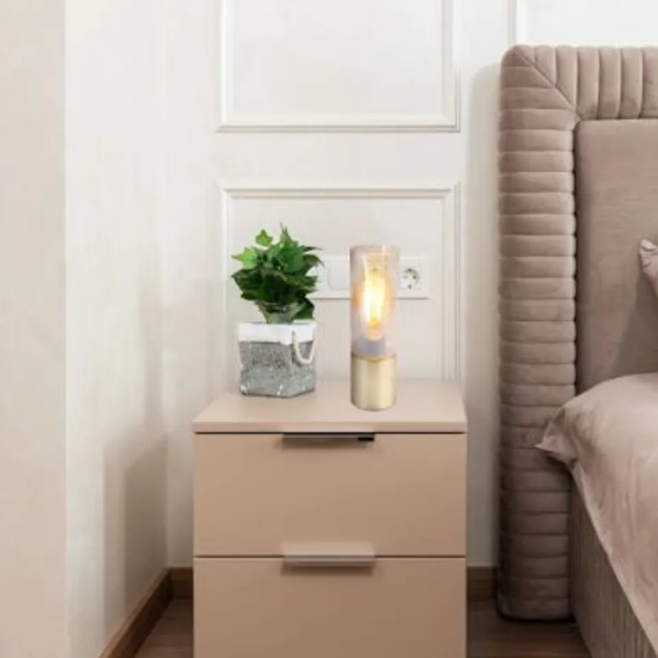 BOXED GLOBO ANNIKA 1 LIGHT TABLE LAMP WITH AMBER GLASS CYLINDER SHADE GOLD 30CM