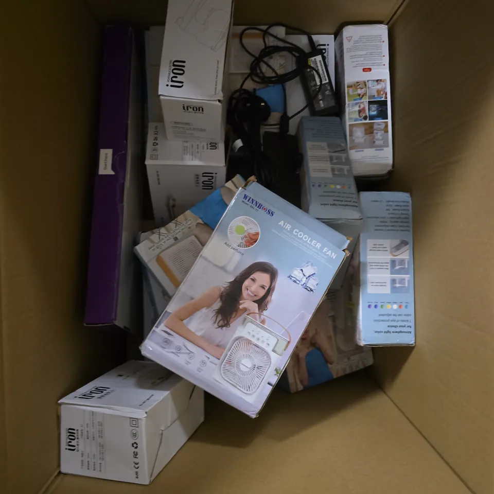 APPROXIMATELY 12 ASSORTED ELECTRICAL PRODUCTS TO INCLUDE PORTABLE IRON, COOLER FAN, MASSAGE GUN ETC 