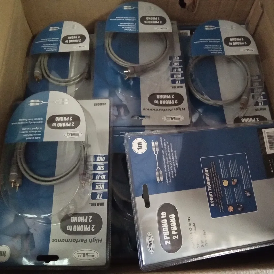 PALLET OF ASSORTED ELECTRONICS INCLUDING SLX 2 PHONO TO 2 PHONO CABLE, SLX OUTDOOR BROADBAND SPLITTER, TWIN RCA COUPLERS