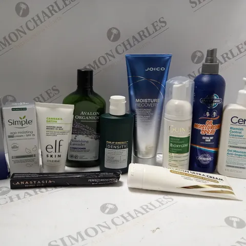 BOX OF APPROX 10 ASSORTED BEAUTY PRODUCTS TO INCLUDE E.L.F SLEEPING MASK, PHILIP KINGSLEY PRESERVING SCALP FOAM, CERAVE EYE REPAIR CREAM, ETC