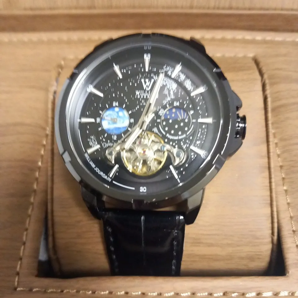 MENS WILLIAM JOURDAIN AUTOMATIC 2580 WATCH – OPEN HEART MOVEMENT WITH SUB DIALS – GLASS EXHIBITION BACK CASE – BLACK GENUINE LEATHER STRAP
