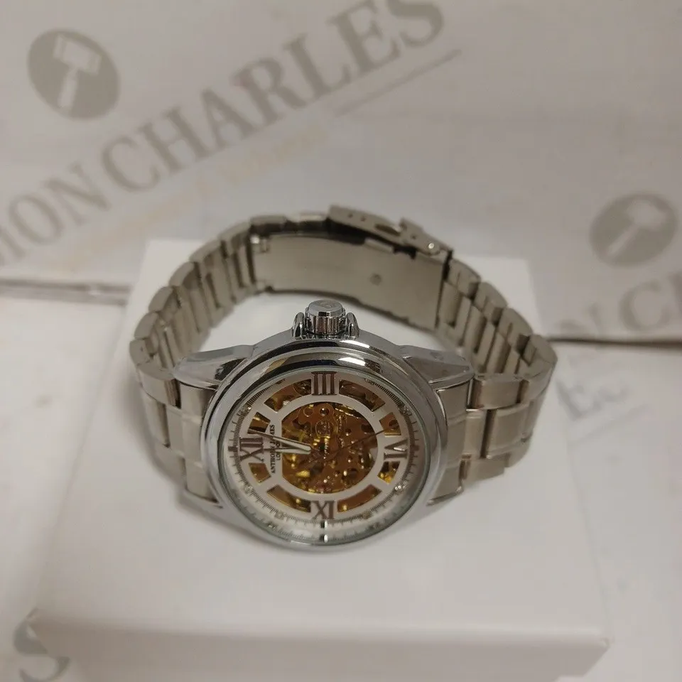 BOXED ANTHONY JAMES SKELETON WATCH - AUTOMATIC - STAINLESS STEEL - SKELETON FACE - WATER RESISTANT. 