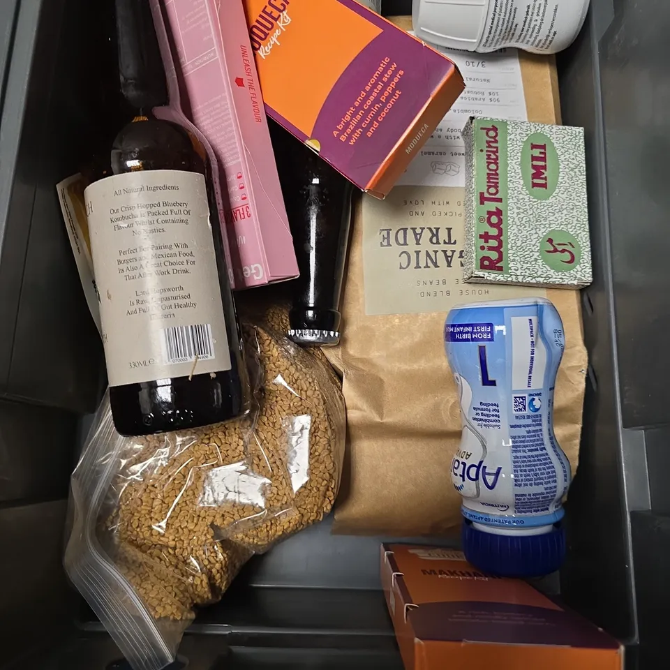 APPROXIMATELY 15 ASSORTED FOOD/DRINK PRODUCTS TO INCLUDE SALTED CARAMEL CREAMS, CALMING TEA, MIXED BERRY KOMBUCHA ETC 