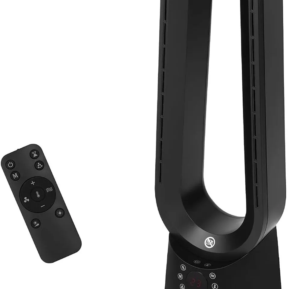BOXED RUSSELL HOBBS BLADELESS ELECTRIC HEATER & COOLING FAN 2000W WITH REMOTE CONTROL IN BLACK, 9 COOLING SPEEDS & 4 HEATING SPEEDS, HOT & COOL WITH TOUCH CONTROL, AND LED DISPLAY, 8-HOUR TIMER, RHBHC