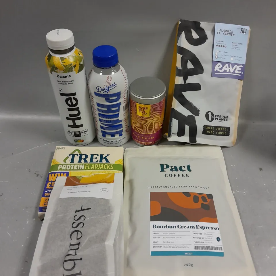APPROXIMATELY 15 ASSORTED FOOD & DRINK PRODUCTS TO INCLUDE PACT COFFEE, PRIME HYDRATION DRINK, HUEL DRINKS ETC  