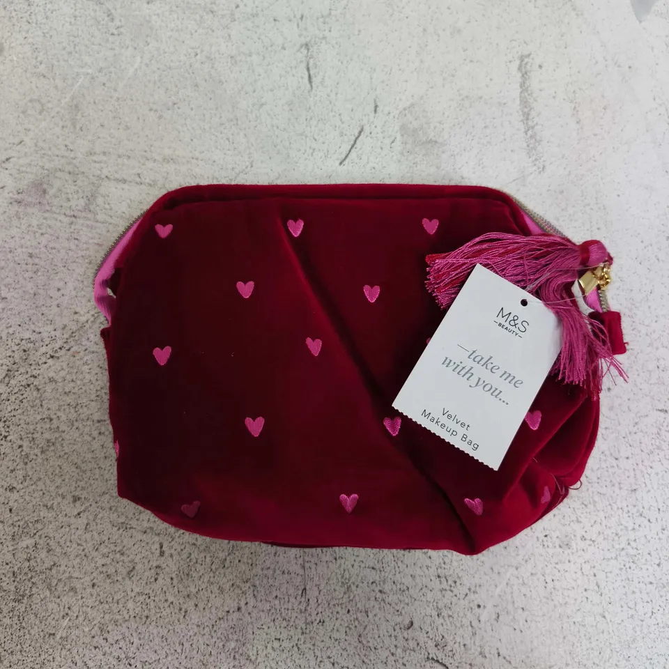 M&S VELVET MAKEUP BAG – RED WITH PINK HEART PATTERN