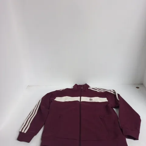 ADIDAS BURGUNDY TRACK JACKET WITH WHITE 3-STRIPES – UK SIZE S