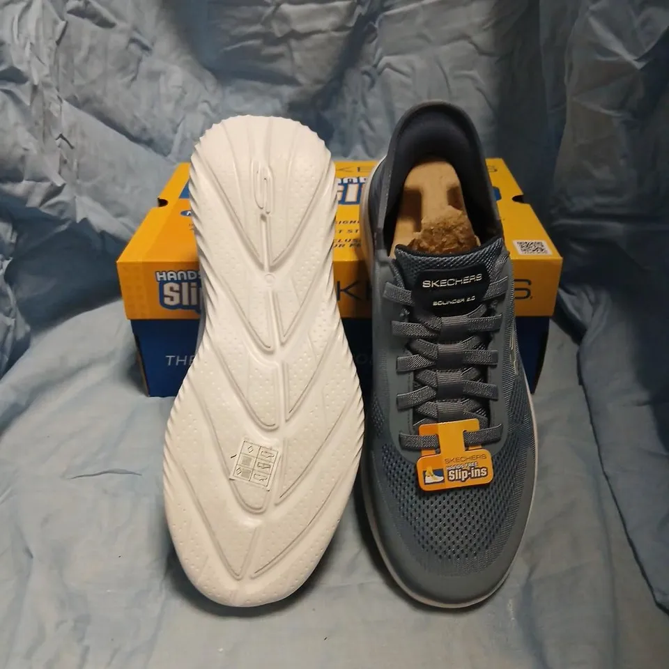SKECHERS SLIP-INS MEMORY FOAM TRAINERS – MEN'S GREY/BLUE, UK 10 (EU 45) – BOXED