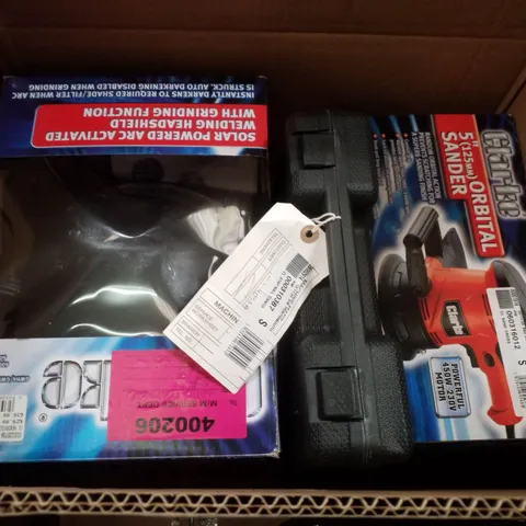 BOX CONTAINING ASSORTED PRODUCTS INCLUDING 5" ORBITAL SANDER, WELDING HEADSHIELD & 2-IN-1 AIR STAPLE AND NAIL GUN KIT