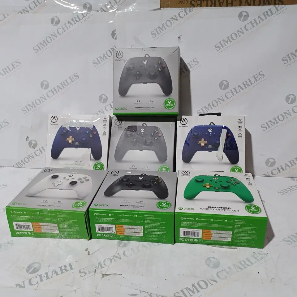 BOX OF 7 ASSORTED BOXED POWER A XBOX ONE WIRED CONTROLLERS IN VARIOUS COLOURS 