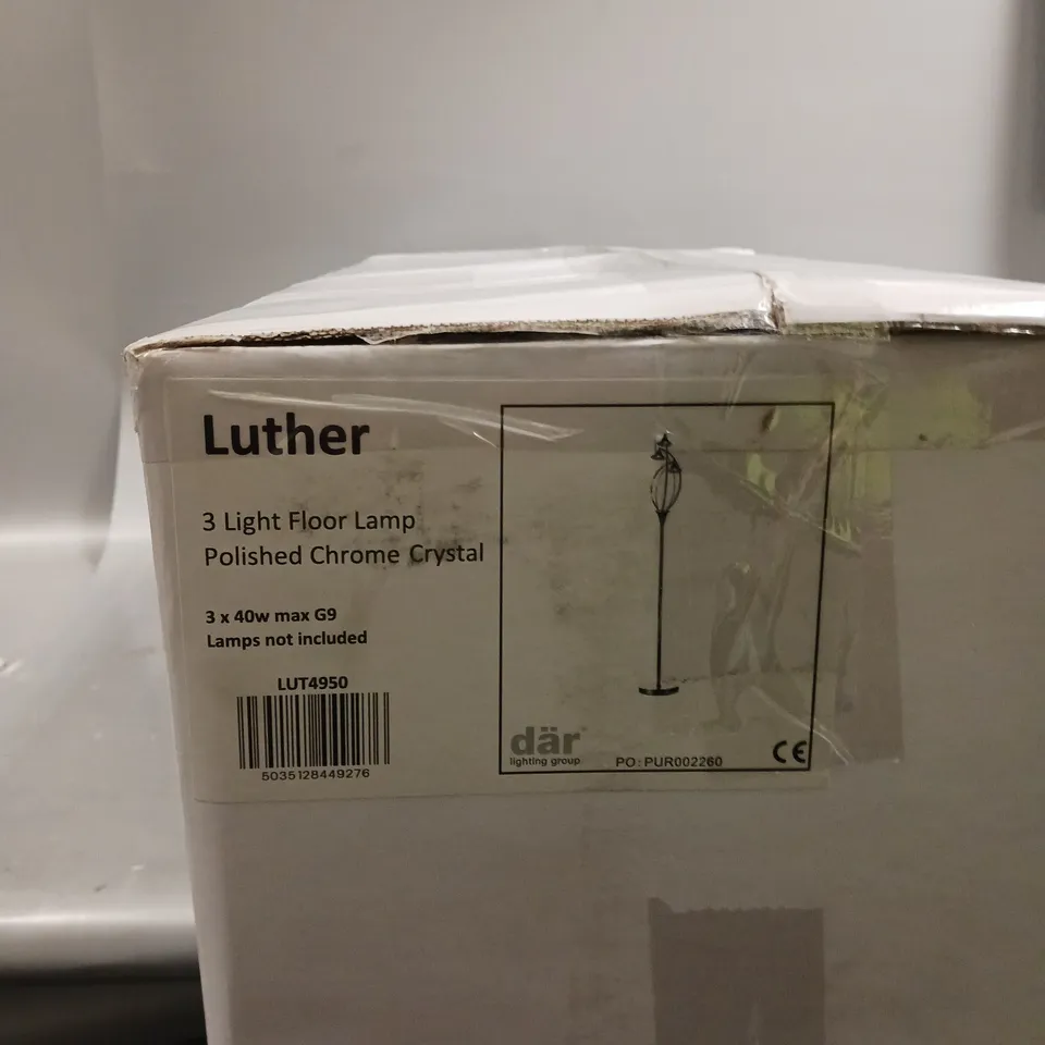 BOXED DAR LIGHTING LUTHER 3 LIGHT POLISHED CHROME FLOOR LIGHT 