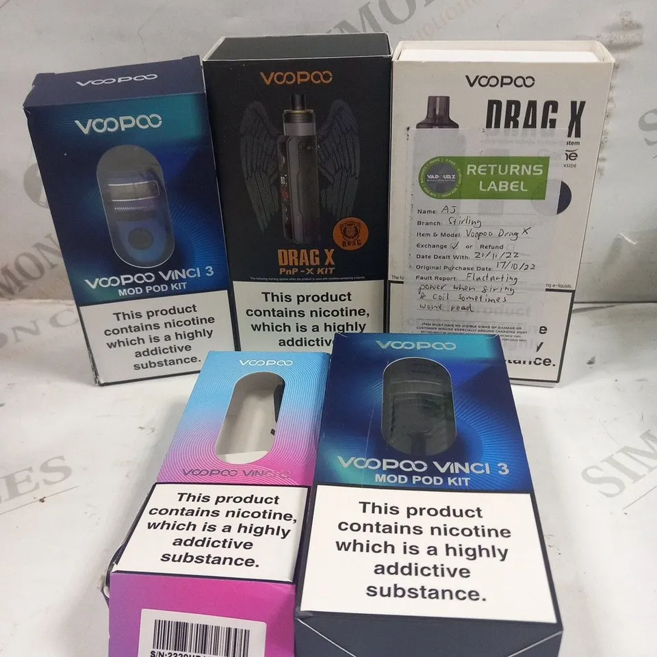 5 ASSORTED VOOPOO VAPING PRODUCTS TO INCLUDE; DRAG X PNP- X KIT, VINCI 3 MOD POD KIT AND DRAG X