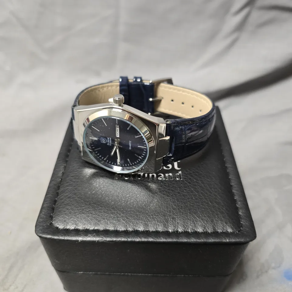 MENS ERNEST FERDINAND WATCH – DAY DATE CALENDAR DIAL – BLUE LEATHER STRAP – 3ATM WATER RESISTANT - GIFT BOX