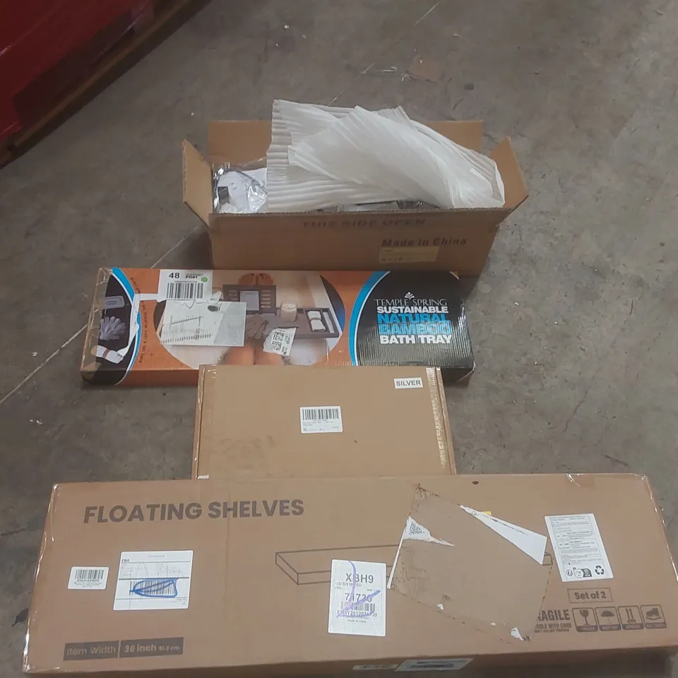 PALLET CONTAINING A VERY LARGE QUANTITY OF ASSORTED ITEMS INCLUDING: FLOATING SHELVES, BAMBOO BATH TRAY, BATH PHONE RACK, LIGHTS ECT
