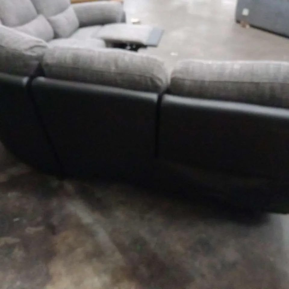 DESIGNER SANTORI GREY FABRIC AND BLACK FAUX LEATHER MANUAL RECLIING CORNER SOFA