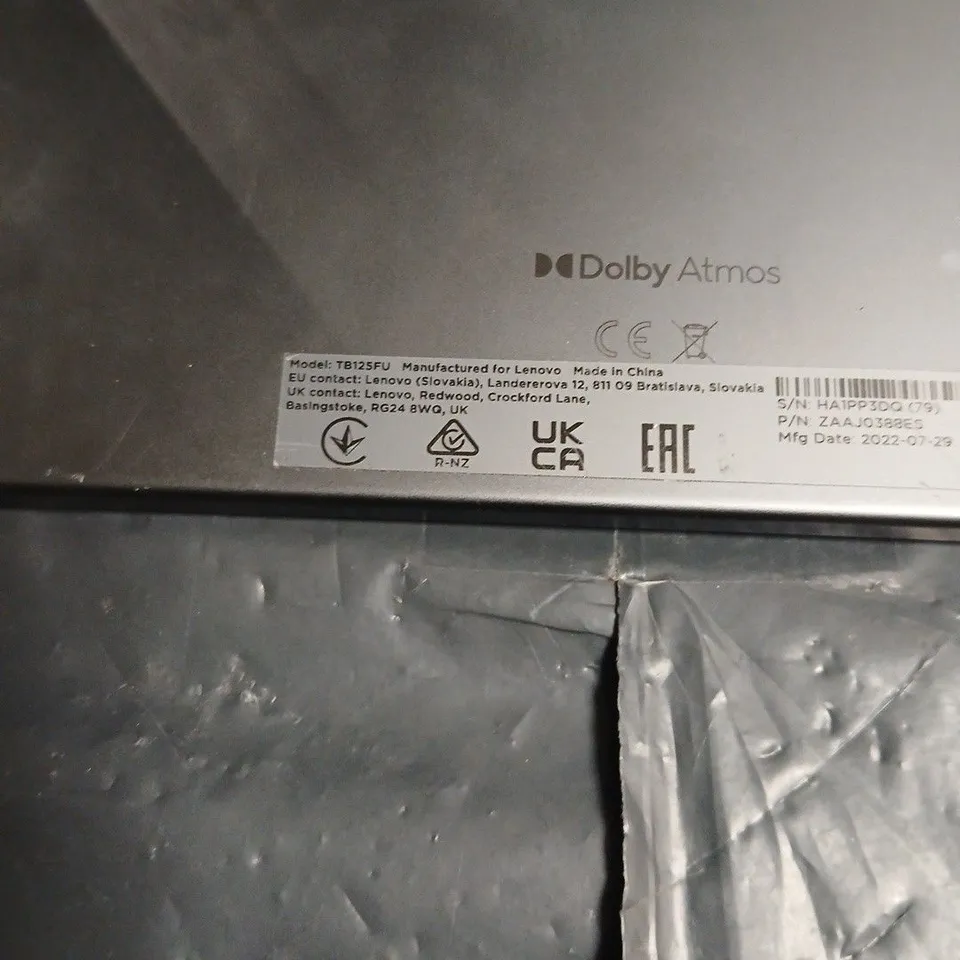 Lenovo TB12SFU Tablet – Dolby Atmos branding, Manufactured for Lenovo