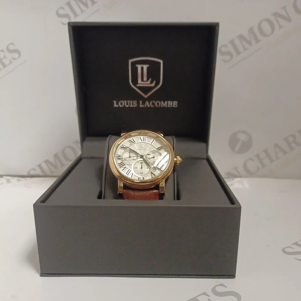 BOXED LOUIS LACOMBE MENS LUXURY CHRONOGRAPH WATCH - ROMAN NUMERAL DIAL - LEATHER STRAP 