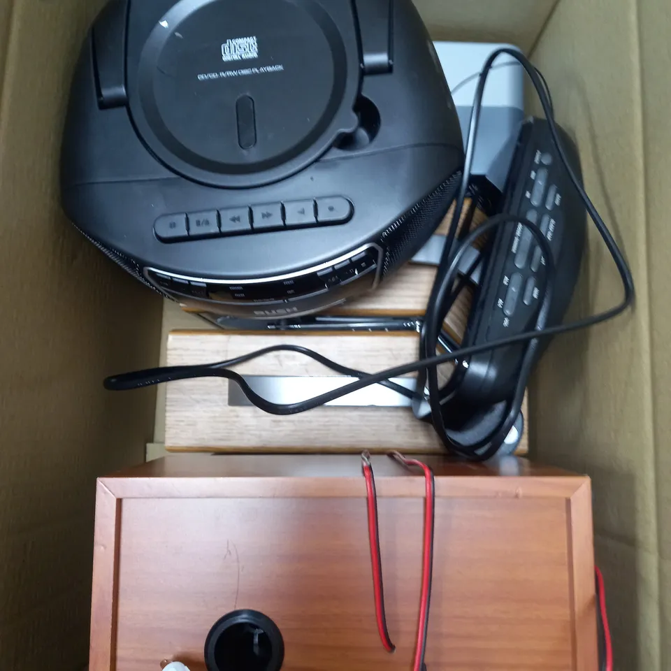 BOX OF APPROXIMATELY 5 BUSH ITEMS TO INCLUDE ALARM, CD PLAYER, BOOMBOX SPEAKER ETC