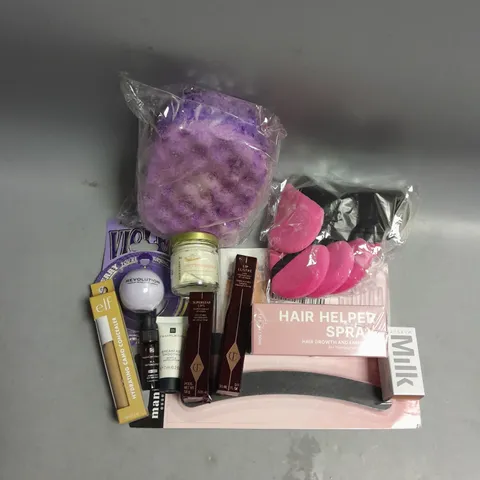 BOX OF APPROXIMATELY 15 COSMETIC ITEMS TO INCLUDE - ELF HYDRATING CAMO CONCEALER - TRYBELLO HAIR HELPER SPRAY - HAIR SYRUP WHIPPED HAIR BUTTER ETC