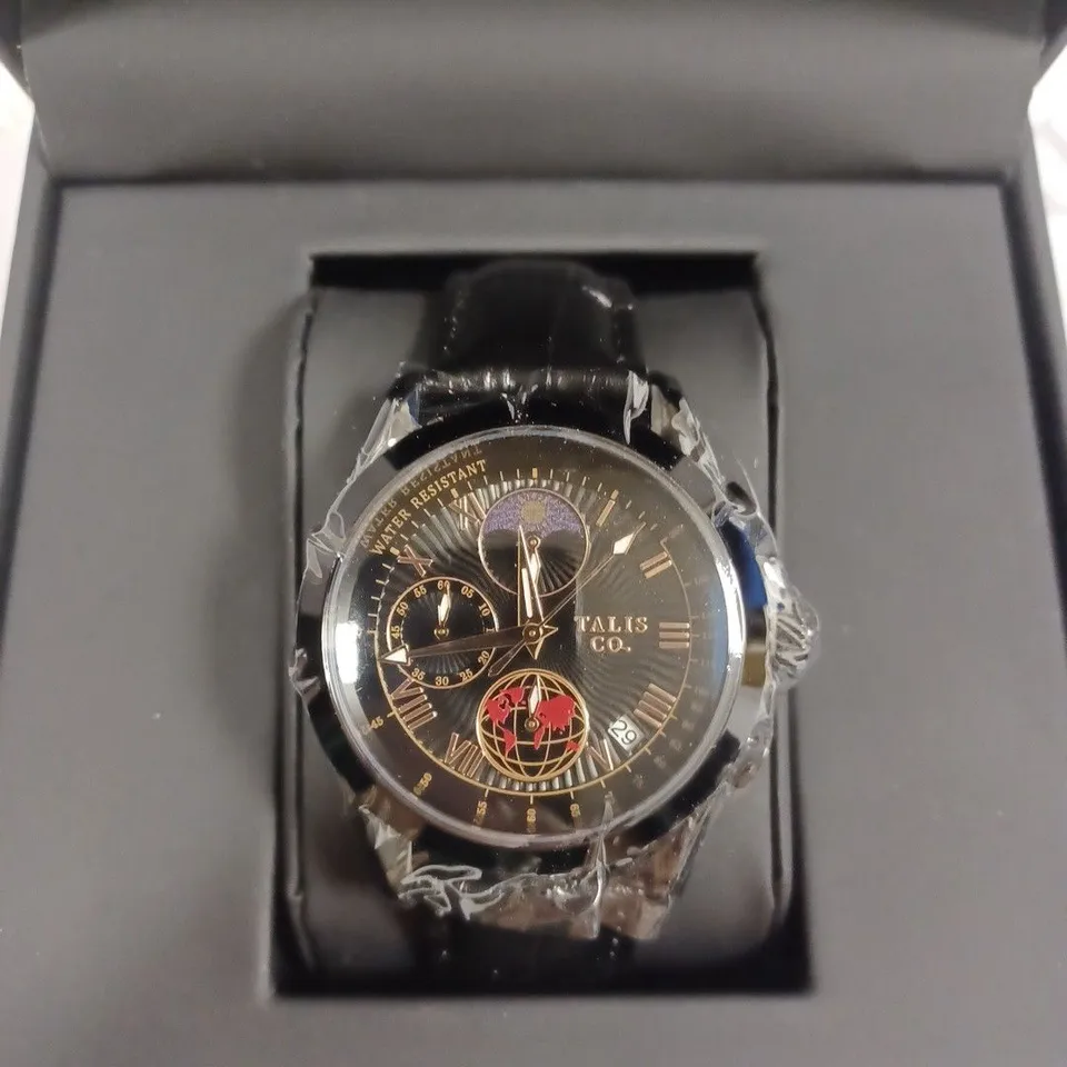 TALIS CO MEN'S BLACK LEATHER STRAP TRIPLE DIAL WRISTWATCH 